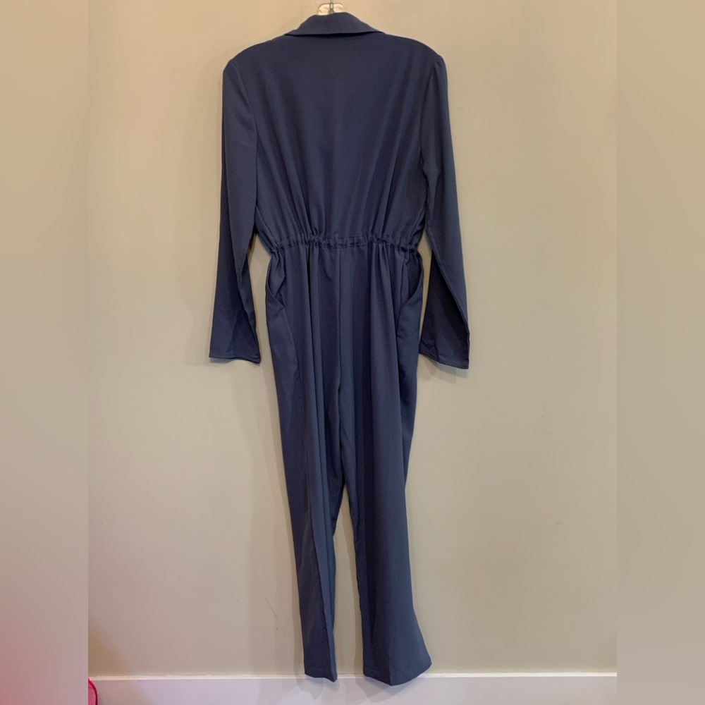 Blue Button Front Drawstring Utility Jumpsuit - Picture 8 of 8